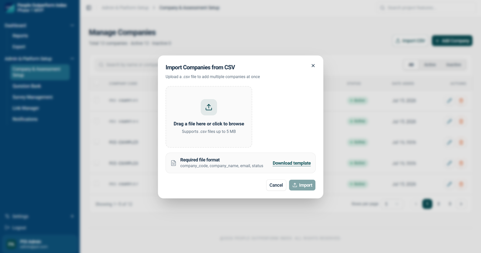 หน้าต่าง Import Companies from CSV