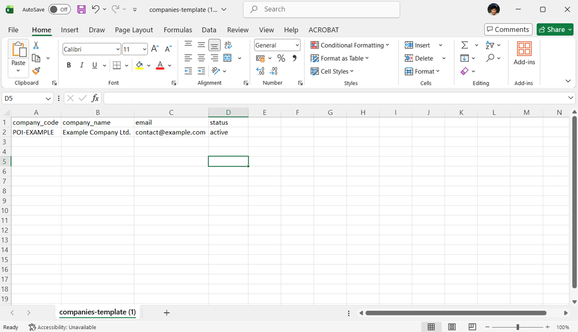 ไฟล์ Template สำหรับนำเข้าบริษัท